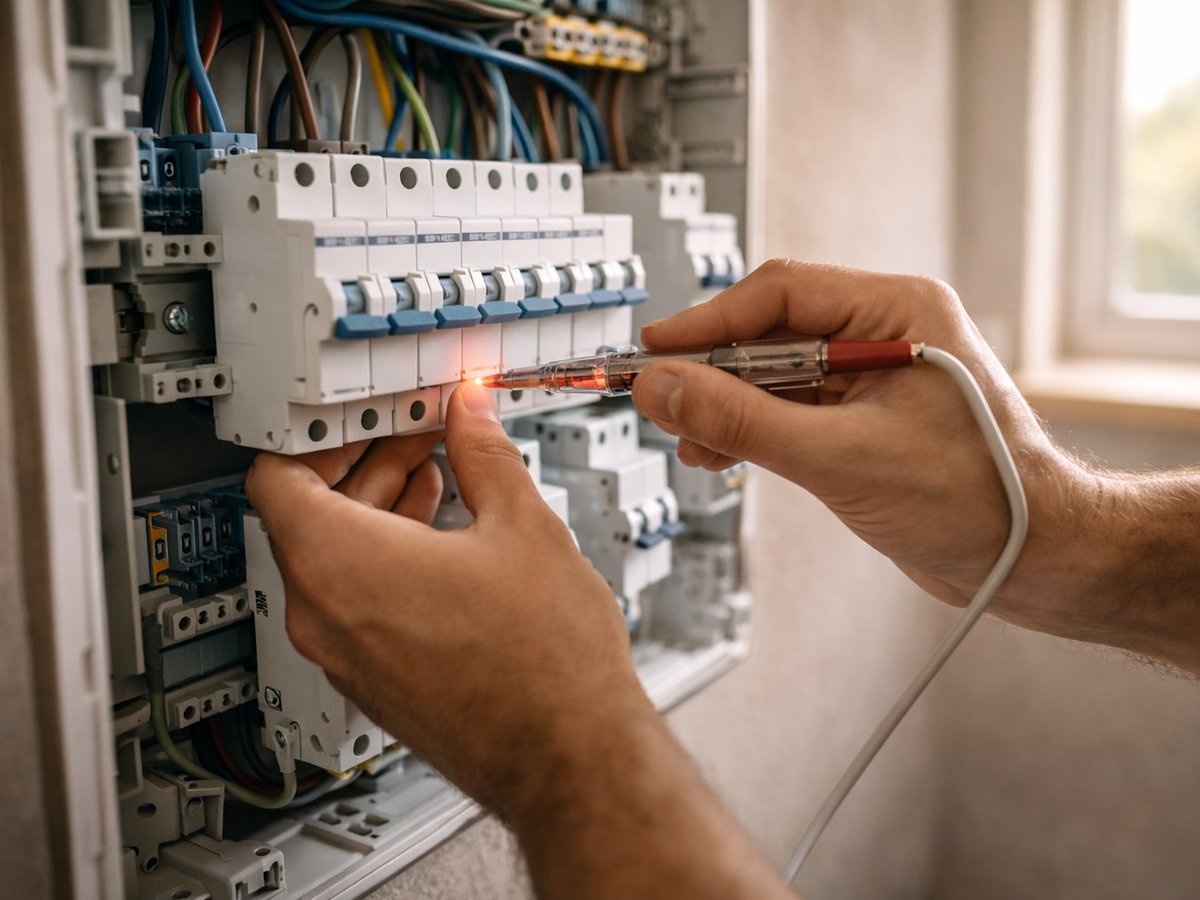 Elektricien controleert installatie in open meterkast