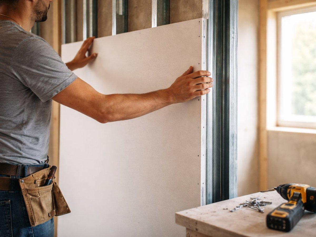 Montage van gipsplaten op metalen profielen tijdens verbouwing