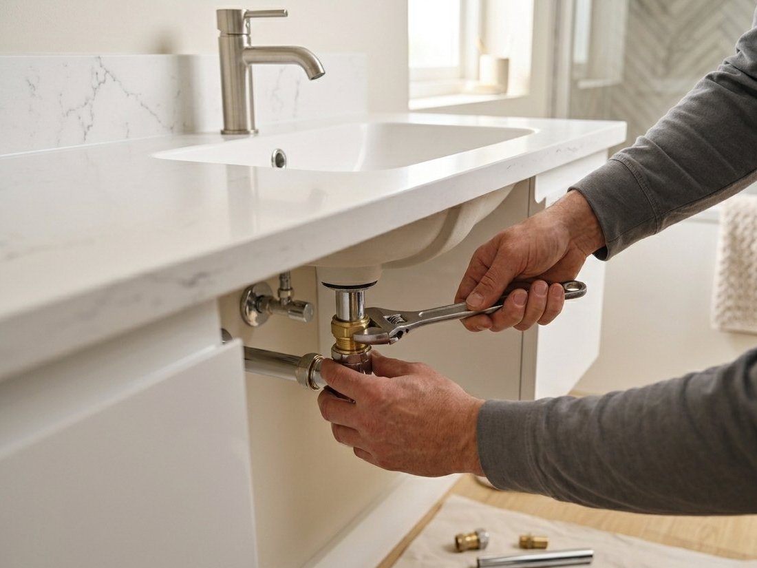 Loodgieter werkt aan sanitaire leidingen onder wastafel