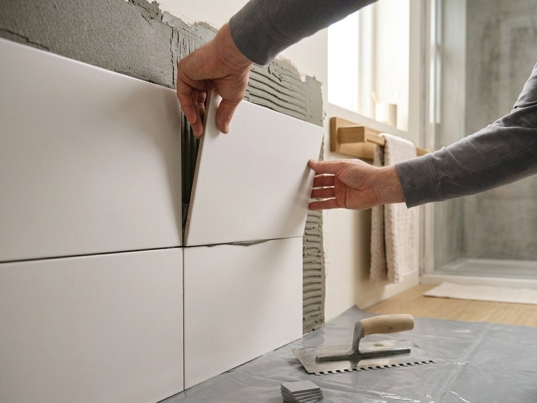 Vakman zet badkamertegels op de muur