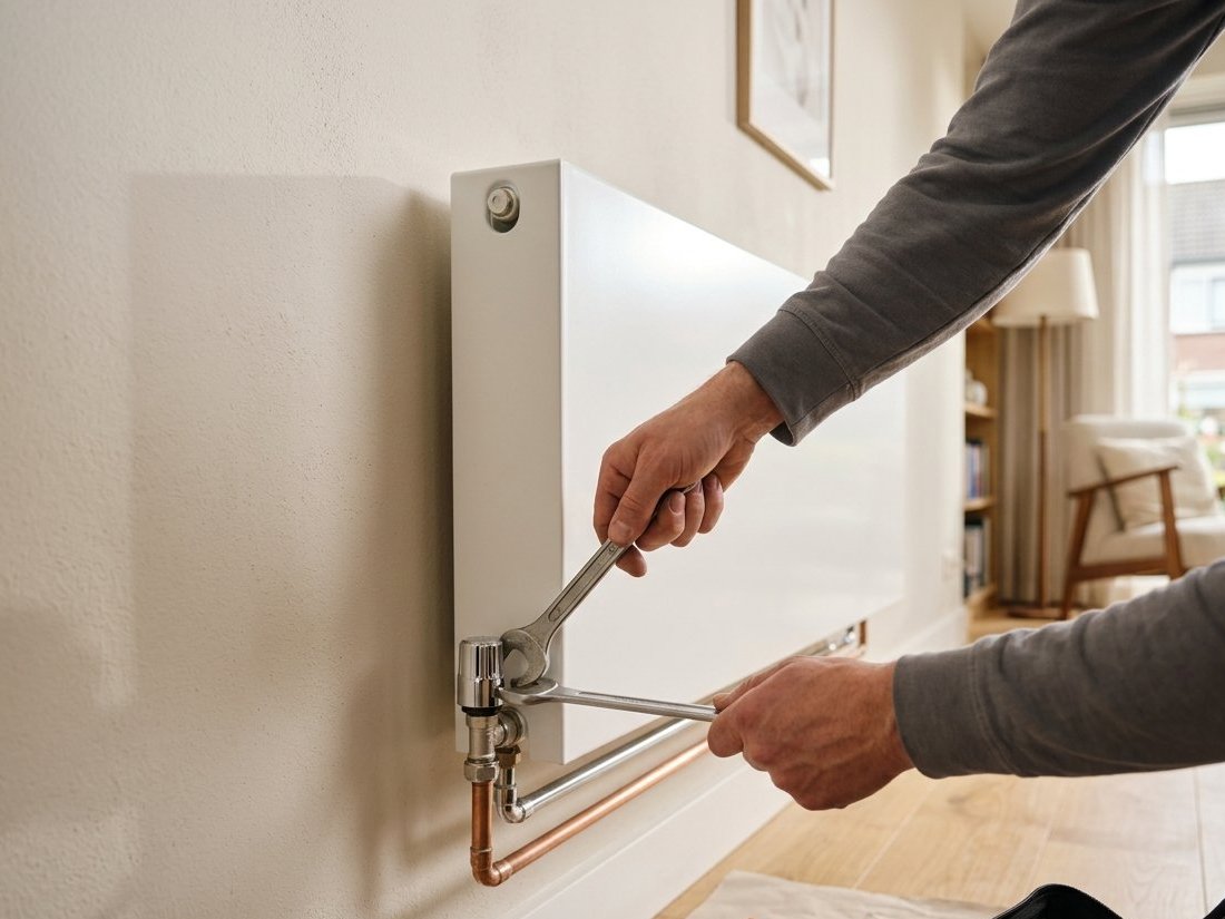 Monteur installeert moderne wandradiator met koperen leidingen